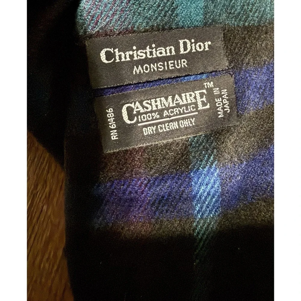VINTAGE Christian Dior Monsieur Cashmaire 100% Acrylic Scarf PLAID FRINGE
